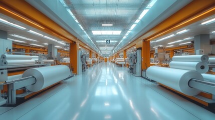 A long shot down the middle of a factory floor with large rolls of white material in front of industrial machinery.