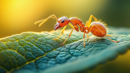   An orange bug on a green leaf in sunlight