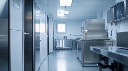 Modern stainless steel kitchen in a controlled environment designed for food preparation and cooking