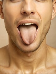 Fototapeta premium Man showing his tongue in close-up, highlighting a playful expression in a neutral setting during the daytime. Generative AI