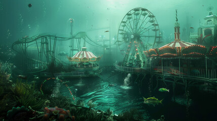 A carnival with rides and attractions submerged underwater 