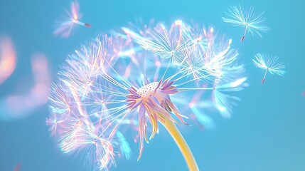   A close-up of a dandelion against a blue sky with a blurred dandelion in the foreground