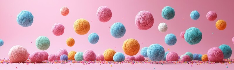 Brightly colored balls of yarn are flying through the air