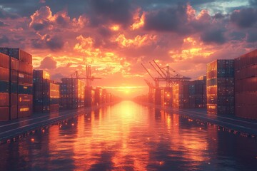 Fototapeta premium A dramatic sunset over a shipping channel lined with cargo containers.