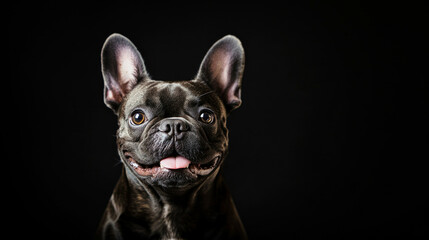 Fototapeta premium Cheerful French bulldog poses for the camera in a professional studio setting with dramatic lighting on a black background