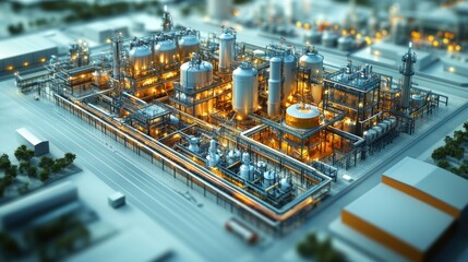 Aerial view of a large industrial complex with illuminated buildings and pipes.