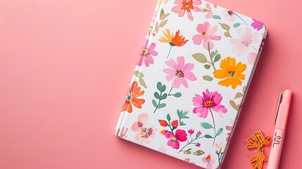 A decorative notebook with floral patterns against a solid pink background