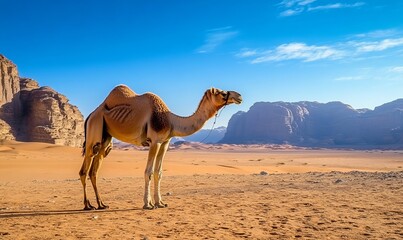 Camel roams Wadi Rums vast desert landscape