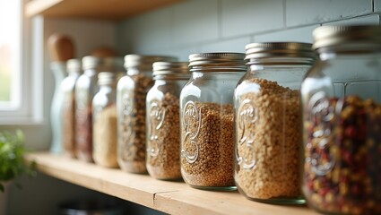 Organized collection of grains in mason jars on kitchen shelf