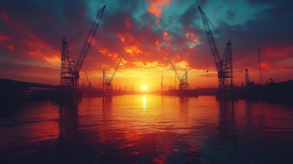 Obraz premium A dramatic sunset over a harbor with cranes silhouetted against the fiery sky, reflecting on the water.