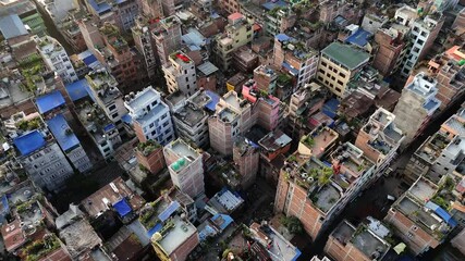 Buildings in Kathmandu, Nepal tightly packed together - Top down aerial drone view of city in Nepali capital city Thamel neighborhood 