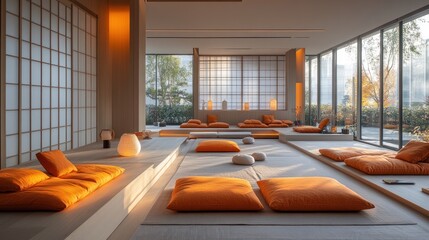 A spacious and minimalist Japanese-style room with floor seating, large windows, and natural light.