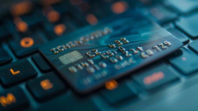 Secure payment icon displayed with a credit card resting on a laptop keyboard during an online transaction process at night