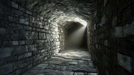 A narrow, stone tunnel with a light at the end.