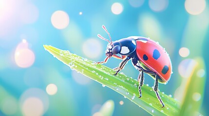 Obraz premium A ladybug sits on a green leaf with droplets of water on its legs