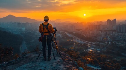 A man in a yellow hard hat stands on a mountaintop overlooking a cityscape at sunset, taking photos with a camera on a tripod.