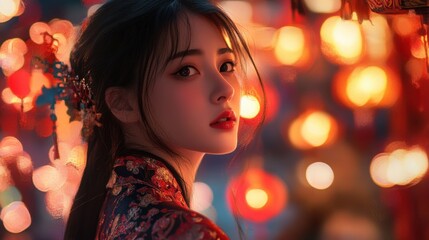 Naklejka premium Portrait of a young woman in traditional Chinese attire with festive lanterns in the background