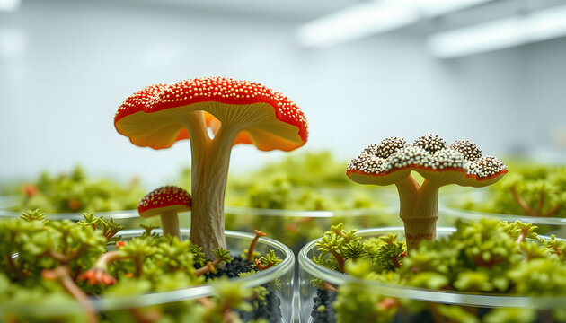 Green and red colors. Trichoderma and Sclerotinia in the laboratory in the special rounded containers isolated with white highlights, png