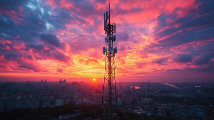 A tall cell tower stands against a vibrant, colorful sunset over a city skyline.