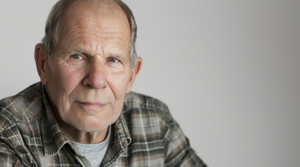 Obraz premium mature older man looking at camera on a light background, copy space
