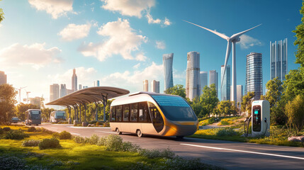 Fototapeta premium Emphasize green technology by featuring electric and solar-powered vehicles. 