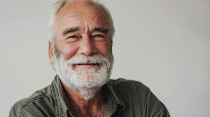 Obraz premium smiling mature older man looking at camera on a light background, copy space