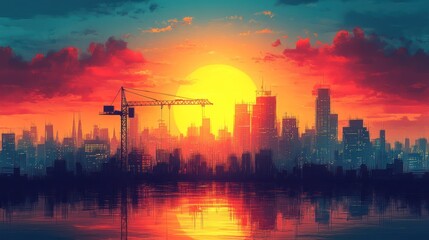 Obraz premium A vibrant sunset illuminates a cityscape with a large crane silhouetted against the sky. The sun's reflection glistens on the water.