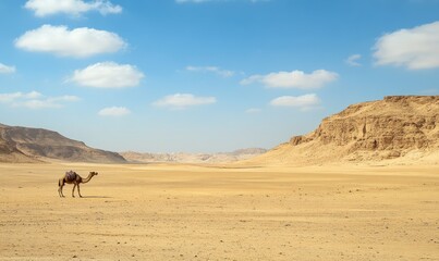 Camel roams Wadi Rums vast desert landscape