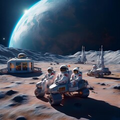 A futuristic scene of  a base on the moon with people working on the base with the Earth in the background. AI Generated image