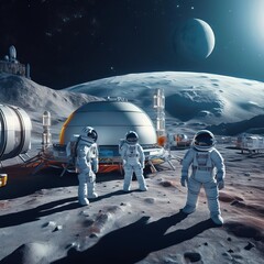 A futuristic scene of  a base on the moon with people working on the base with the Earth in the background. AI Generated image