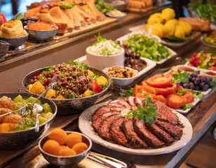 Obraz premium Buffet table filled with diverse dishes and fresh ingredients at a festive gathering during dinner time