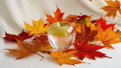 Halved apple and fall leaves with clear glass bowl on white tablecloth, autumn decor