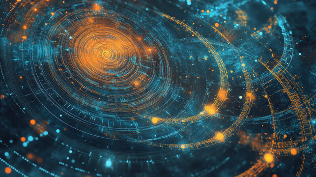 Illustrate a feedback loop where a system processes data,tests predictions,and adjusts itself.This could be represented by circular paths or spirals,where data enters,and refined outcomes are produced