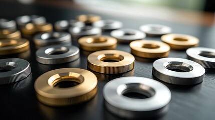   A close-up of a table with various knobs and washers on top