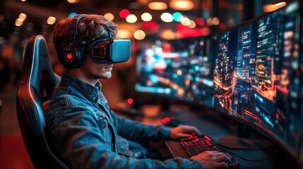 Fototapeta premium A young man wearing a VR headset plays a video game on a computer with a large monitor displaying a cityscape.