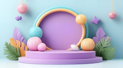 Colorful 3D render of a platform with a purple background.