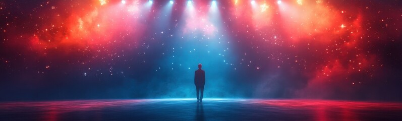 Fototapeta premium Brightly colored lights shine brightly over a man standing in a dark room