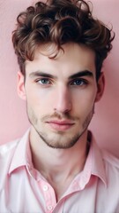 Fototapeta premium Young man with curly hair posing against a soft pink background in a casual light pink shirt during daylight. Generative AI