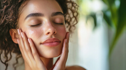 A woman enjoying a serene skincare routine in soft natural light, hands gently applying products while looking in the mirror