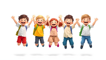 Obraz premium Set of cute jumping schoolchildren on white background isolated with white highlights, png