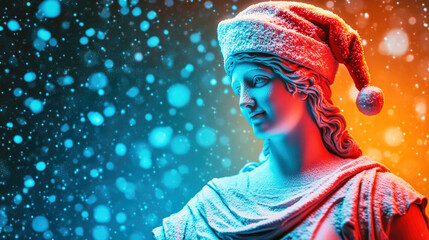 A smiling ancient Greek statue of a woman dons a Santa hat amidst surreal snowflakes in a vibrant holiday setting