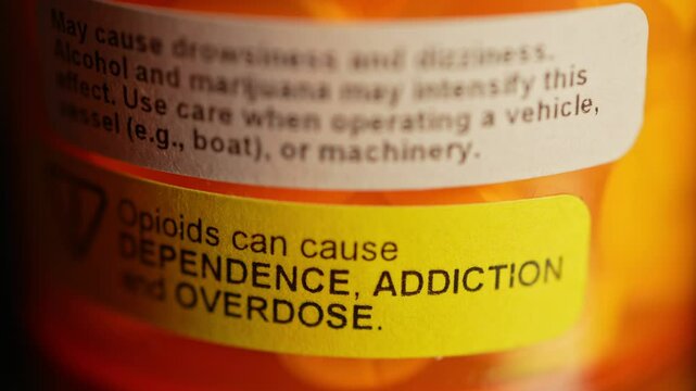 Prescription bottle with warning stickers saying, Opioids can cause dependence, addiction and overdose. Opioids are commonly prescribed to alleviate various types of chronic pain.