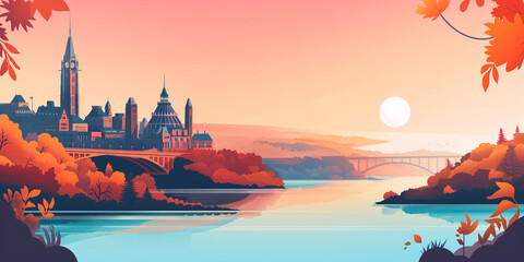 Ottawa city skyline during a vibrant sunset. Beautiful autumn panorama view. Flat modern illustration style.