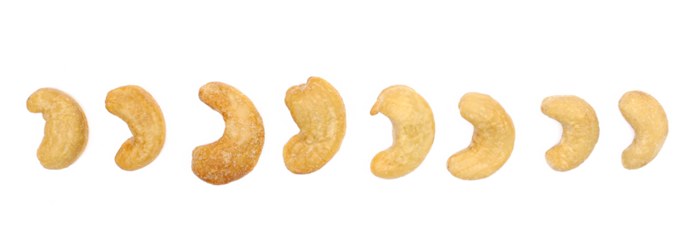  Set salted cashew nuts isolated on white background, top view