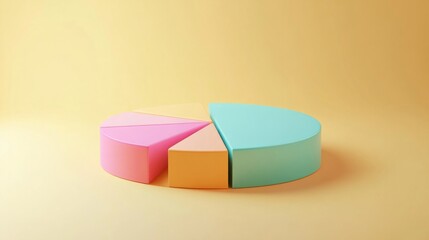 Colorful 3D pie chart with transparency and lighting effects on a plain light yellow background generative ai
