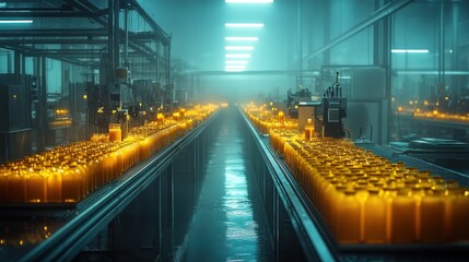 Naklejka premium A long conveyor belt in a dimly lit factory with rows of glass jars filled with a yellow liquid moving along the line.