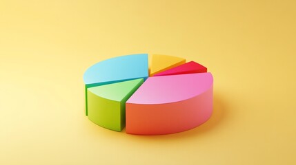 Obraz premium Colorful 3D pie chart with transparency and lighting effects on a plain light yellow background generative ai