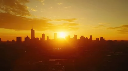 A serene sunrise over a city skyline, casting warm hues of orange and gold, symbolizing new beginnings