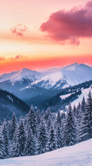 Obraz premium Twilight over a majestic winter mountain range with pink and orange clouds reflecting on snow-covered slopes