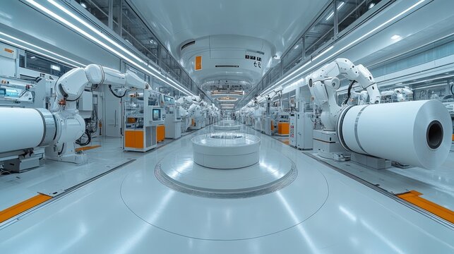 A futuristic factory with robotic arms and machinery.